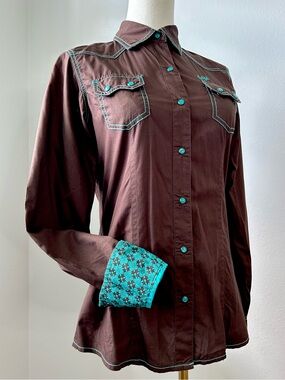 Cruel Girl Brown Turquoise Snap Front Western Equestrian Rodeo Shirt Womens S